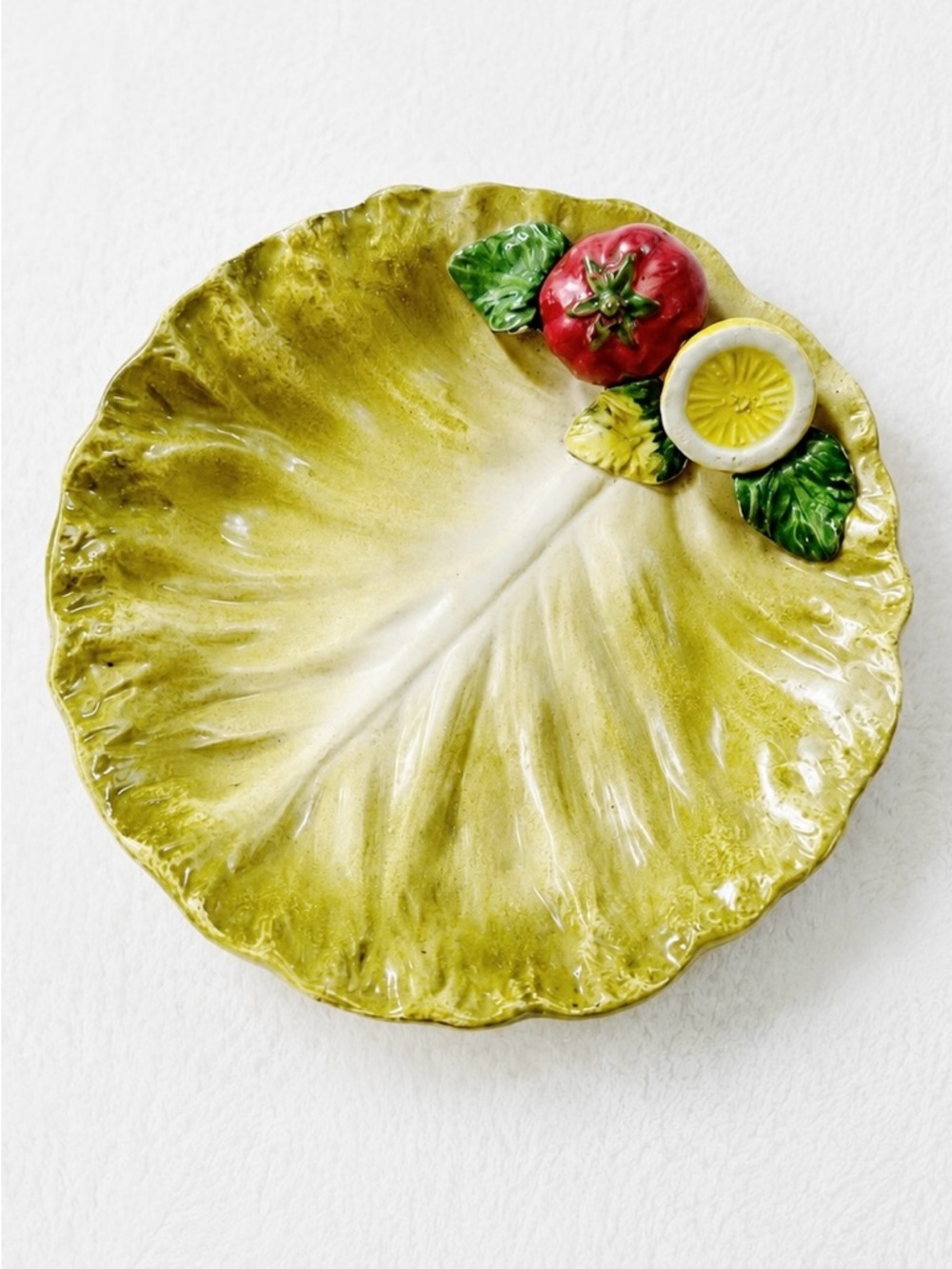 Vintage Italian Cabbage Leaf Plate Hand Painted Ceramic Tomato Lemon Italy 8.75”
